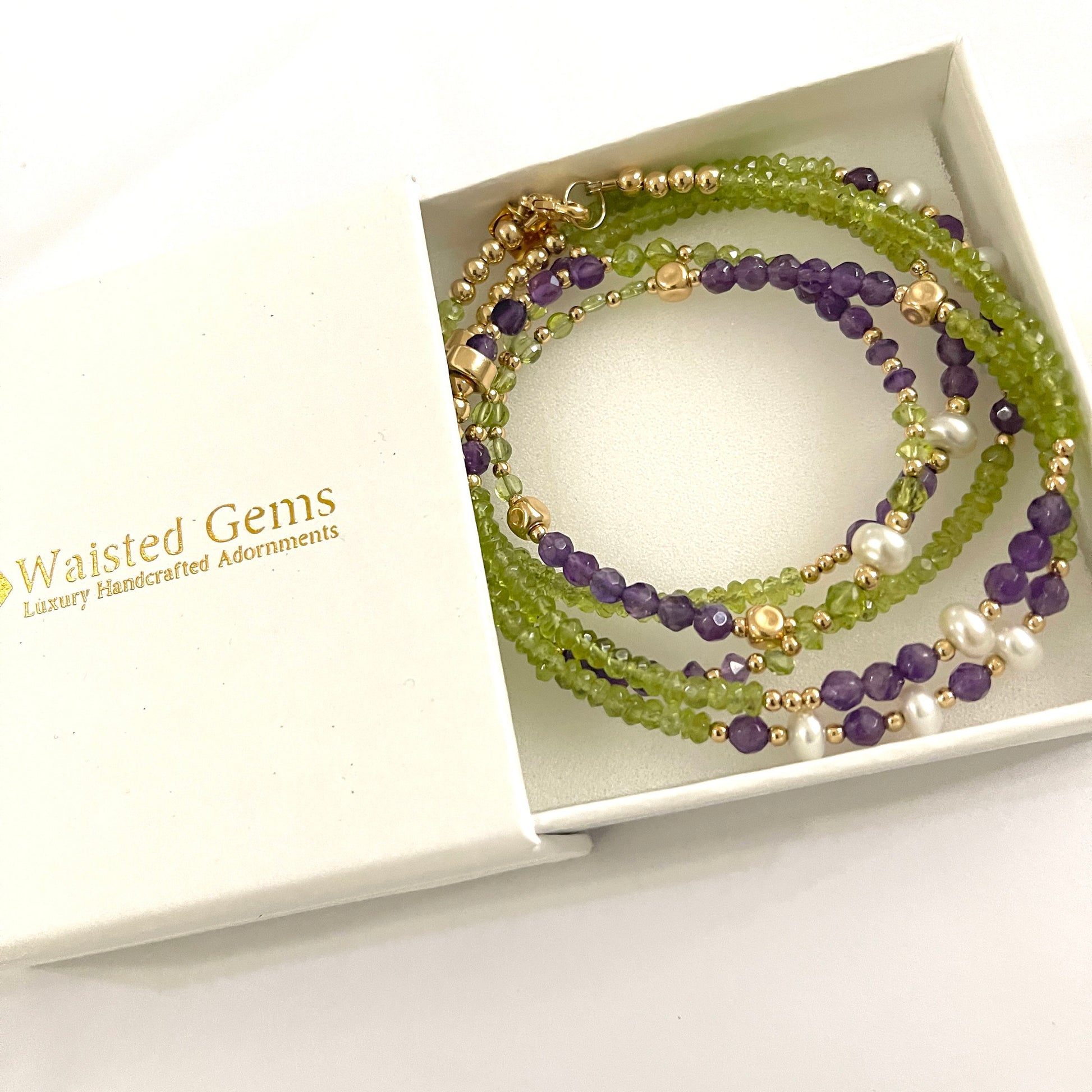 14k Solid Gold Peridot Amethyst and Pearl Waist Beads in Waisted Gems gift box