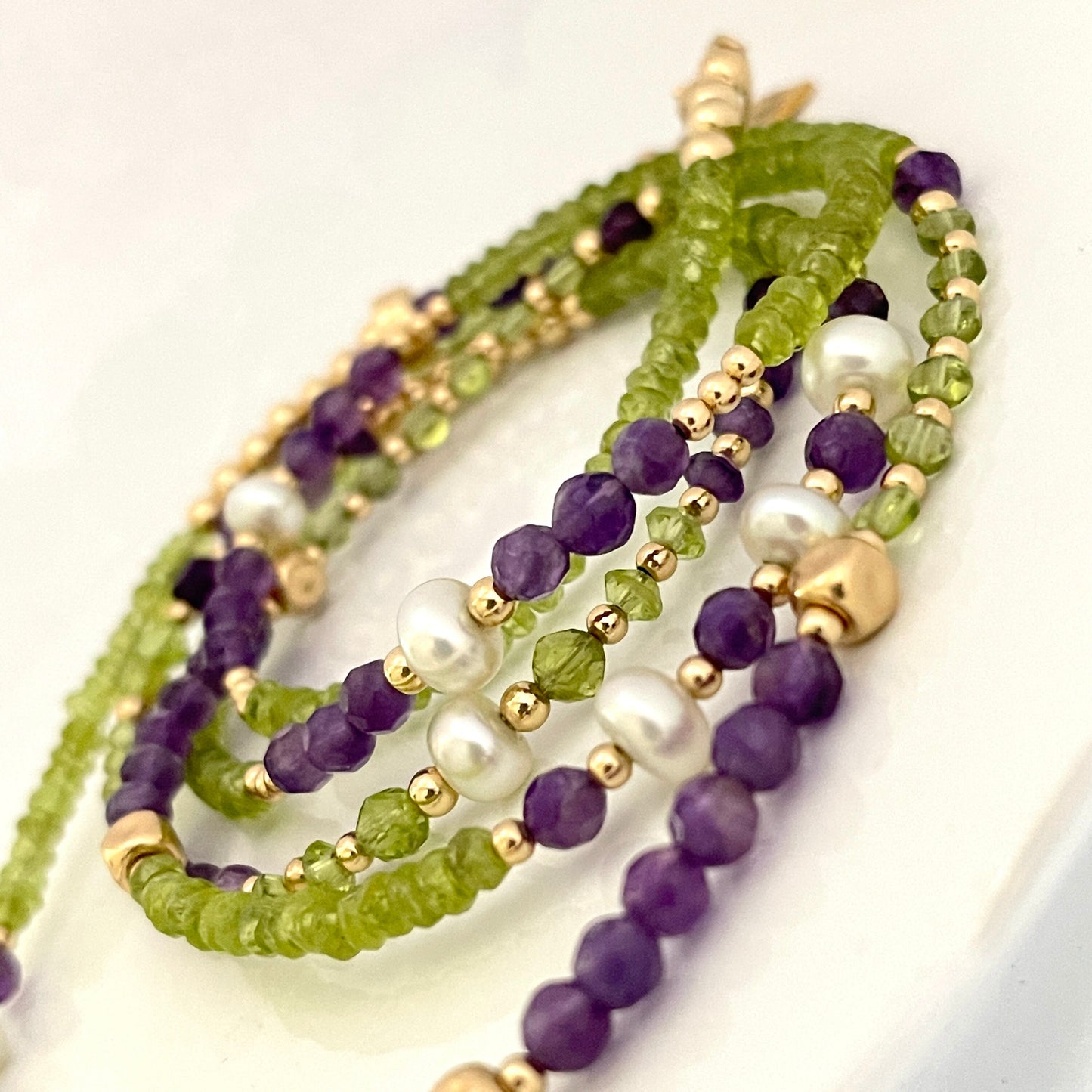 14k Solid Gold Peridot Amethyst and Pearl Waist Beads full strand