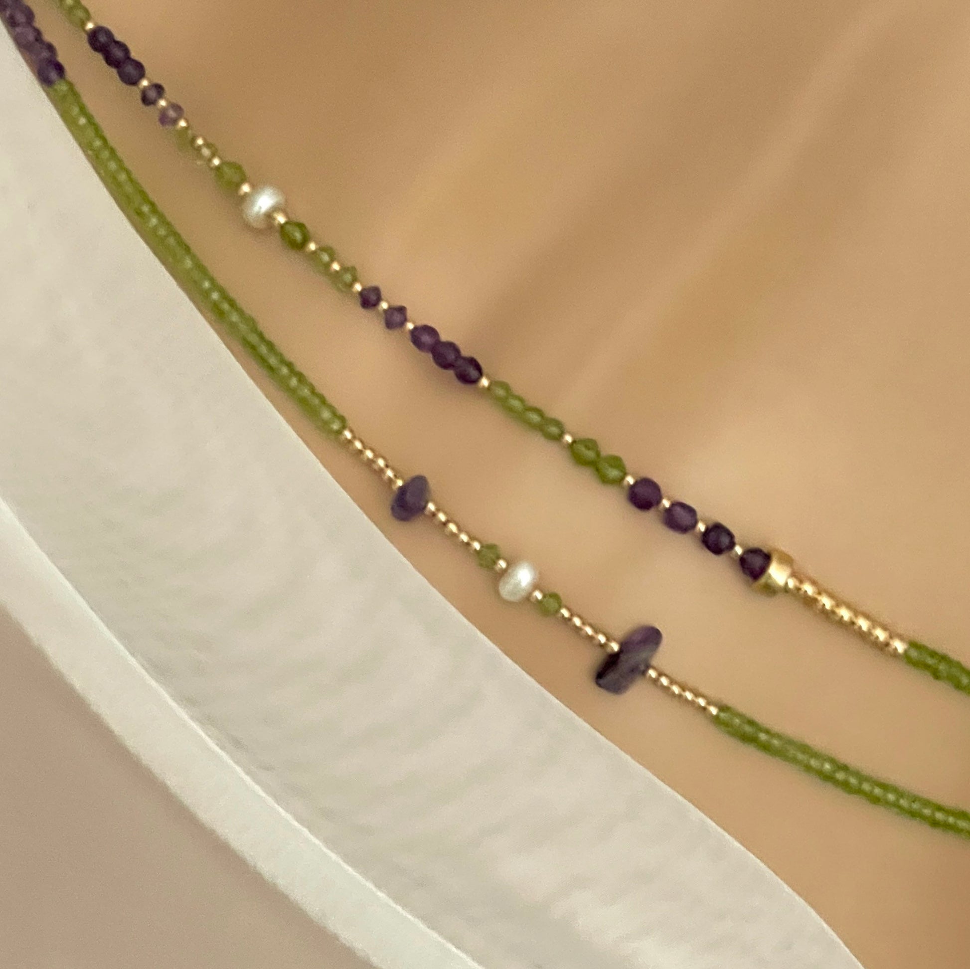 14k Solid Gold Peridot Amethyst and Pearl Waist Beads layered view