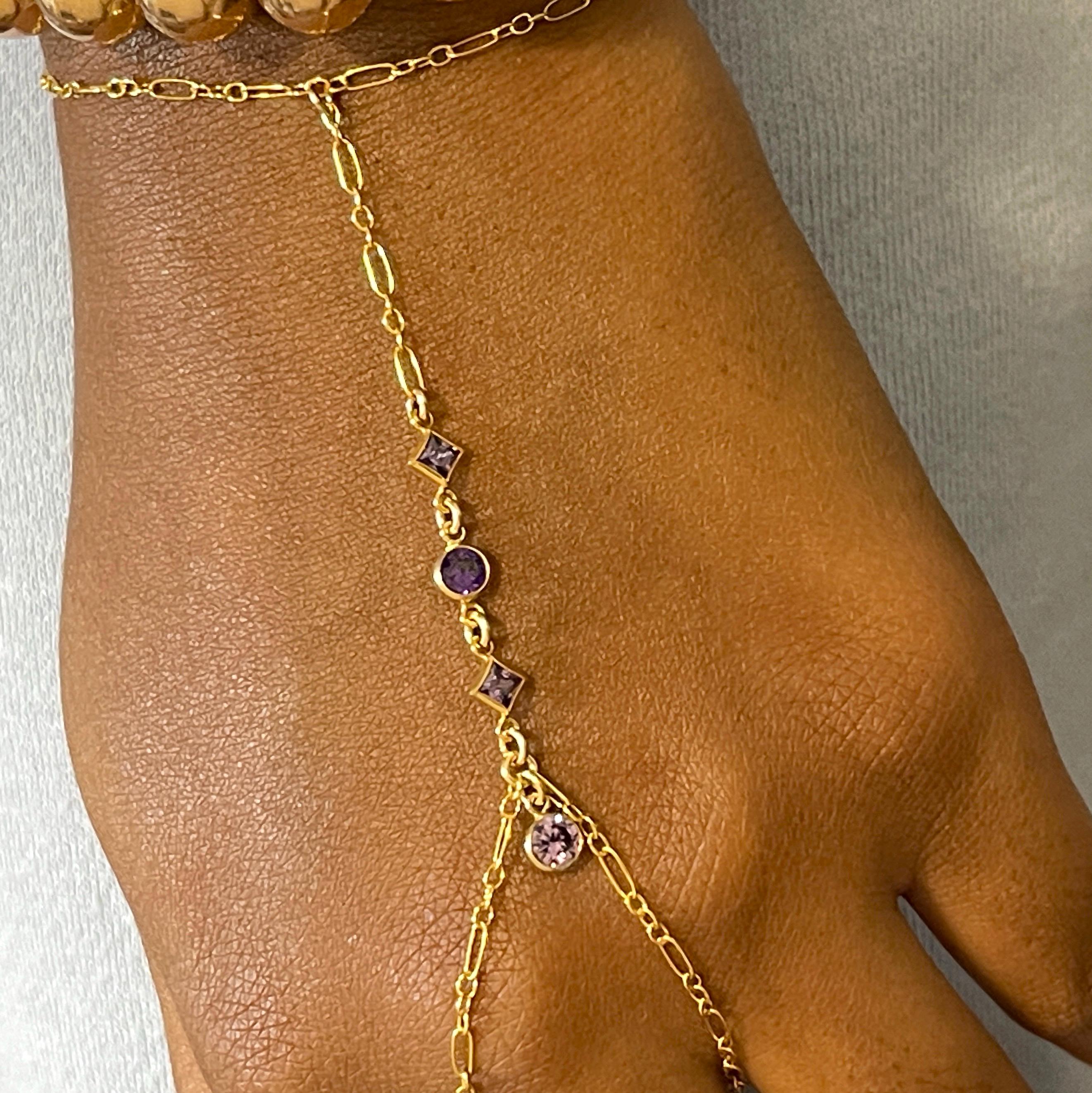 14k Gold Amethyst Hand Chain Bracelet