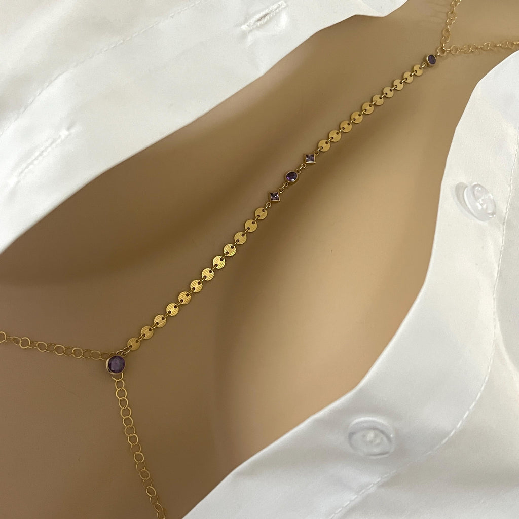 14k Gold Filled Body Chain – Amethyst or Emerald Accent