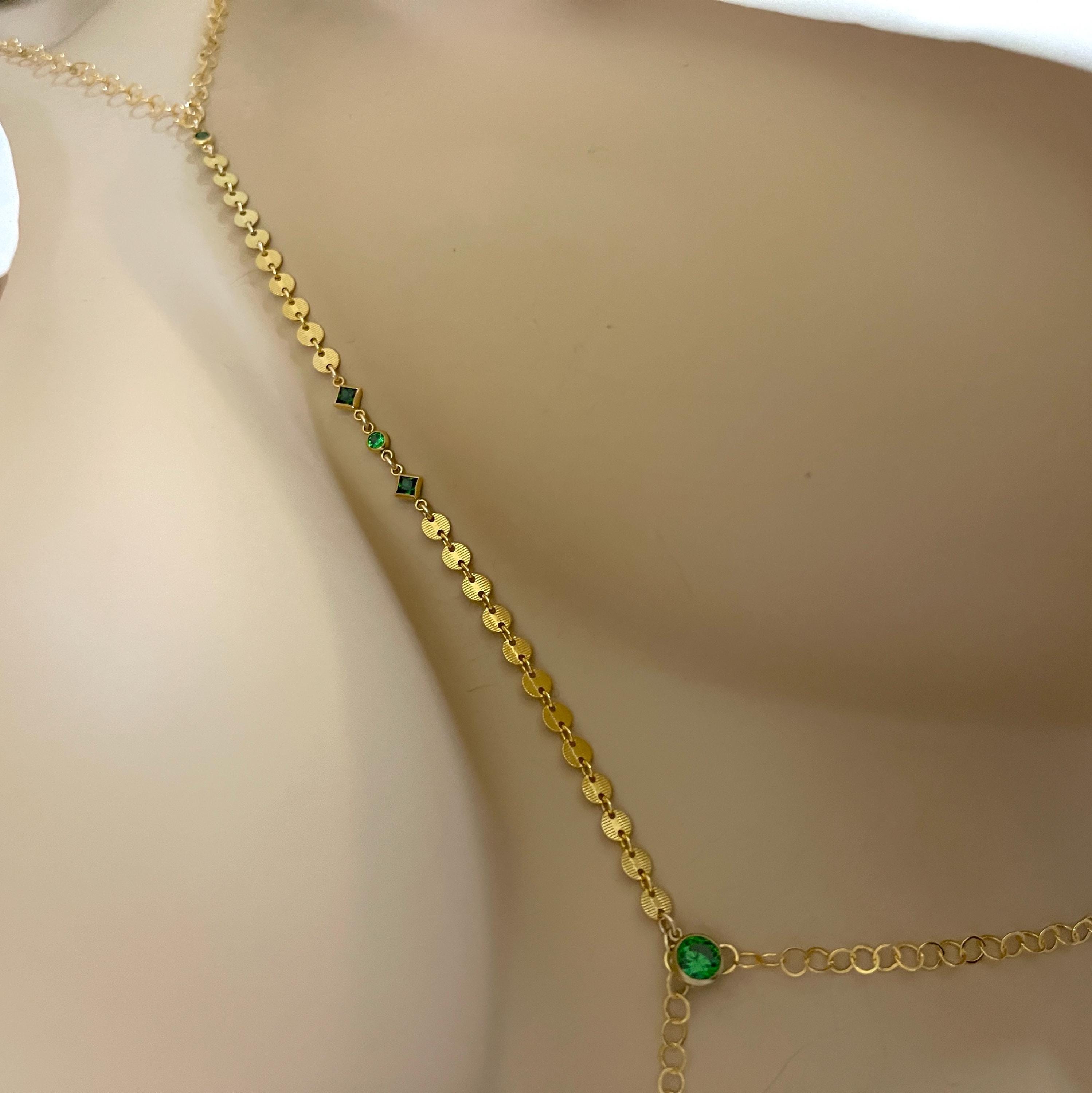 14k Gold Filled Body Chain – Amethyst or Emerald Accent