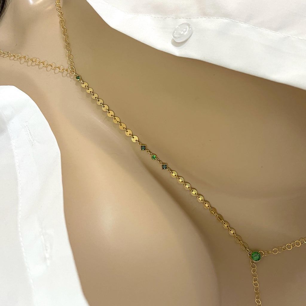 14k Gold Filled Body Chain – Amethyst or Emerald Accent