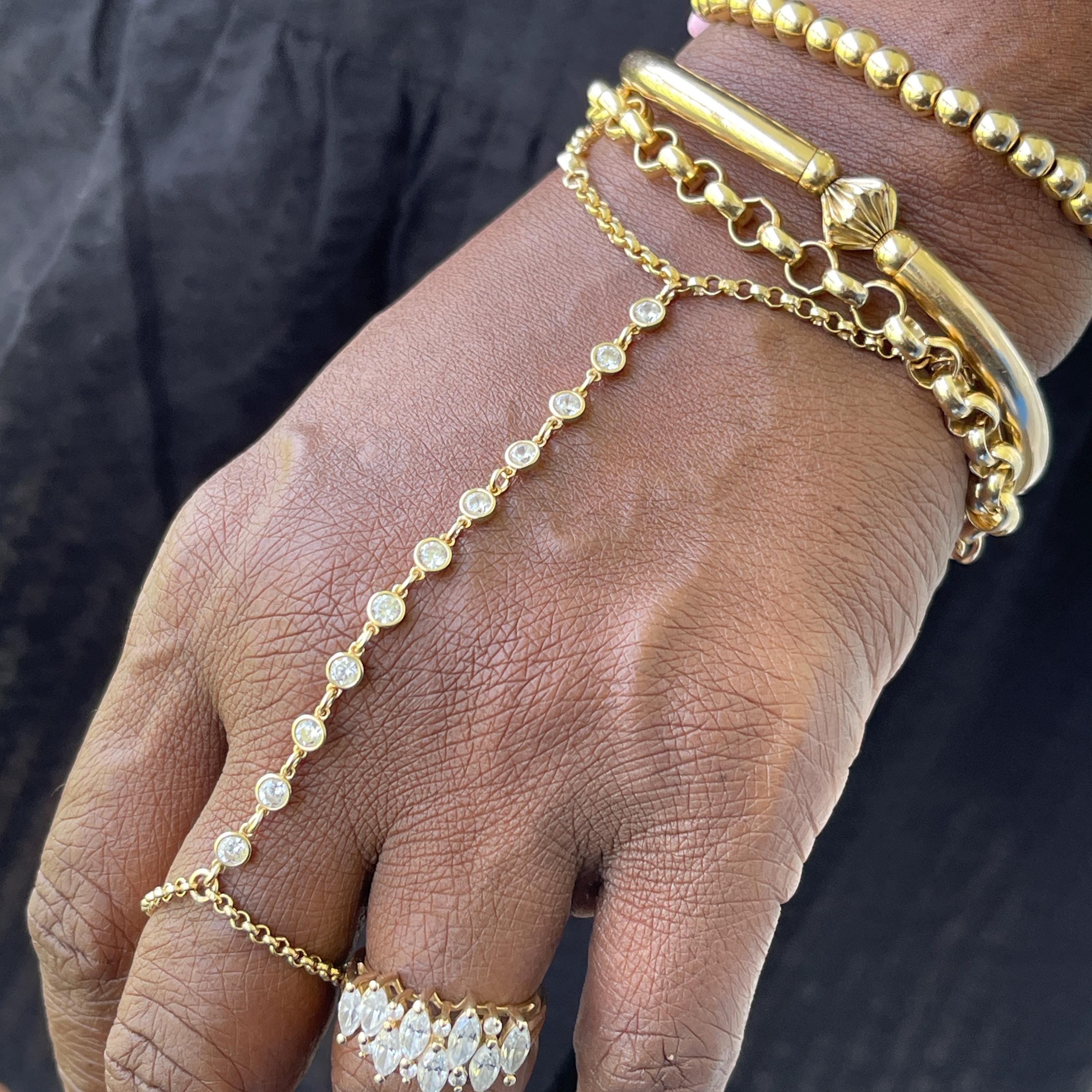 14k Gold Diamond Hand Chain Bracelet