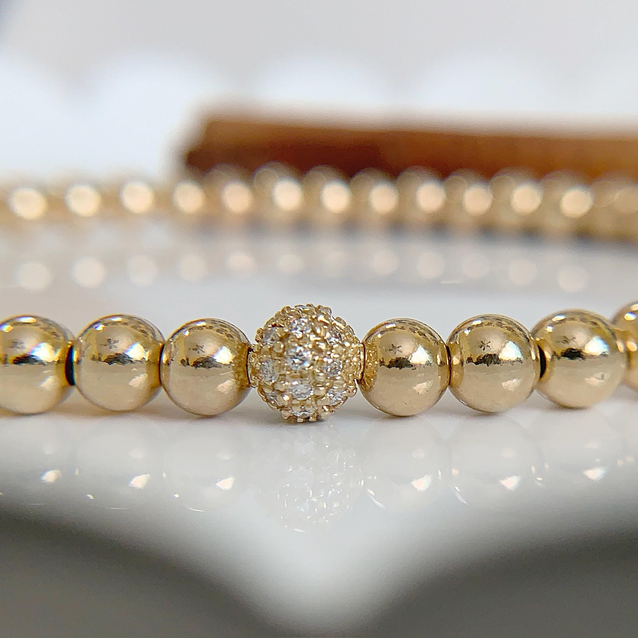 14k Solid Gold Bracelet – Diamond Accent Rondelle