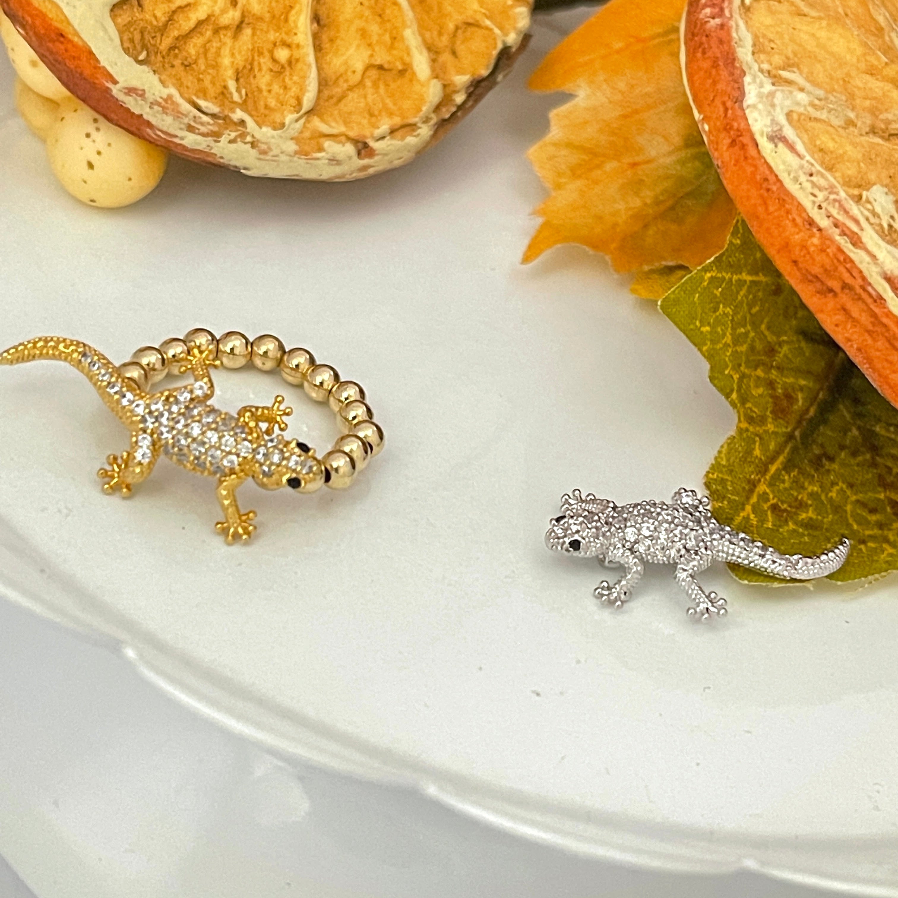 14k Gold Filled Beaded Stretch Ring — Pavé Lizard Statement Ring