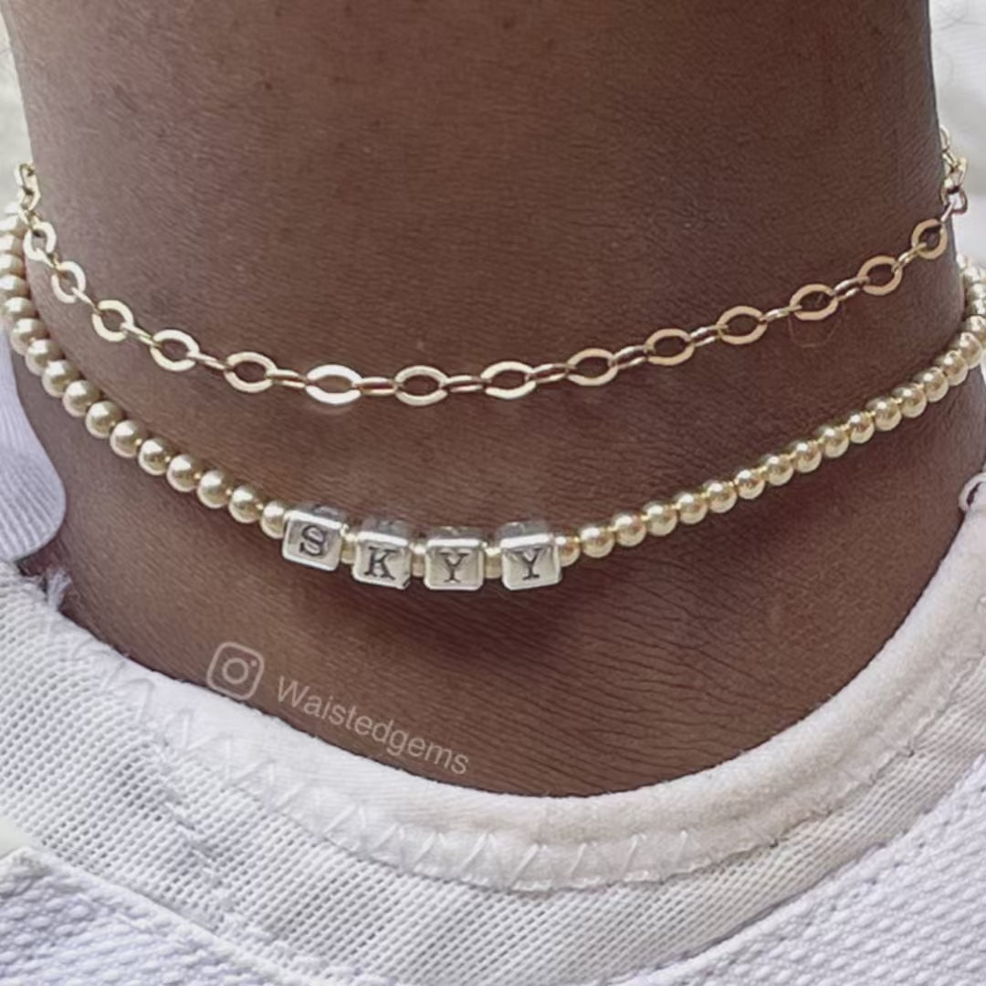 14k Gold Filled Name Anklet – Two-Tone Custom Beaded Monogram