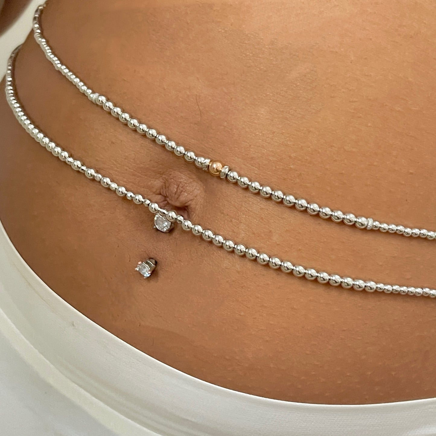 white and rose gold round beaded waist chain