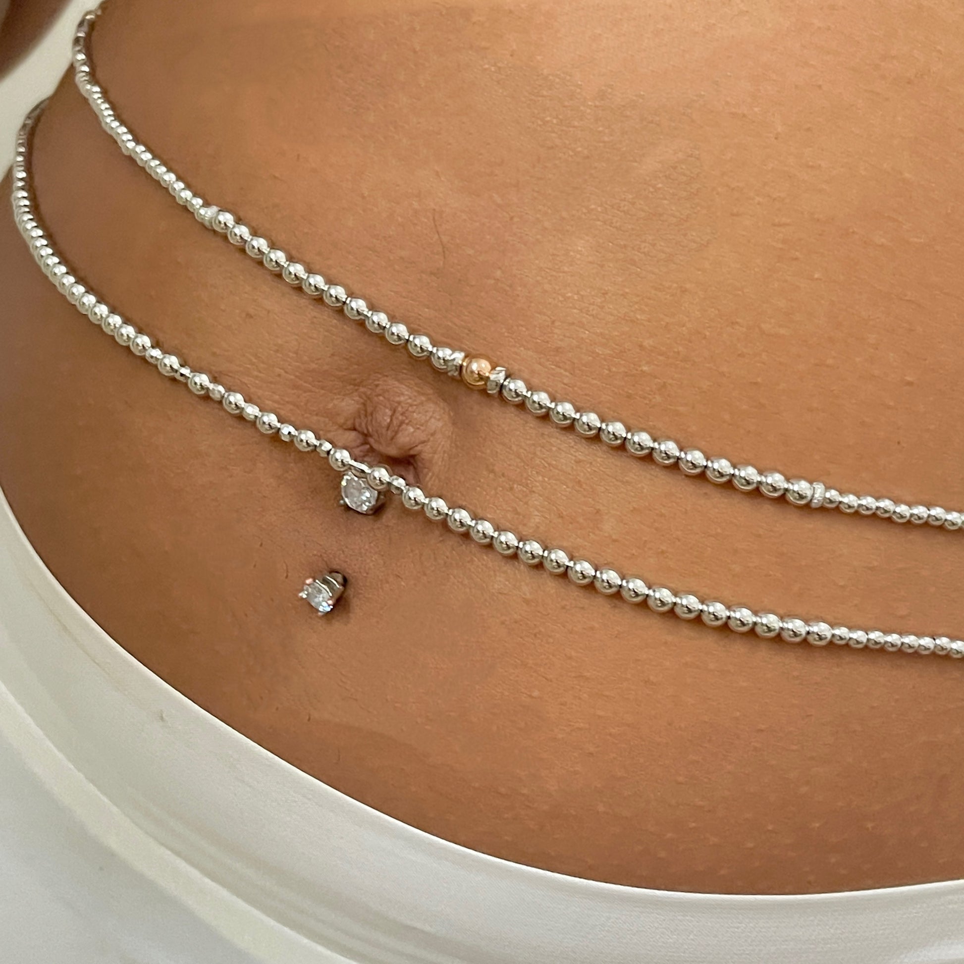 white and rose gold round beaded waist chain